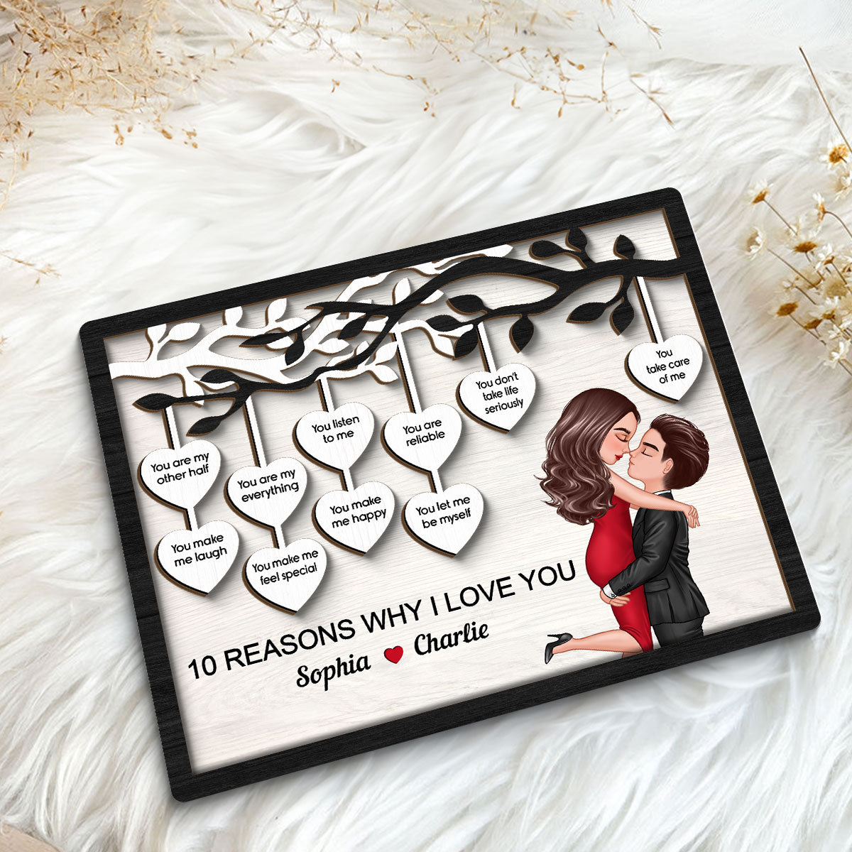 Couple Kissing Under Heart Tree Reasons I Love You Personalized 2-Layer Wooden Plaque, Valentine‘s Day Gift For Him, For Her