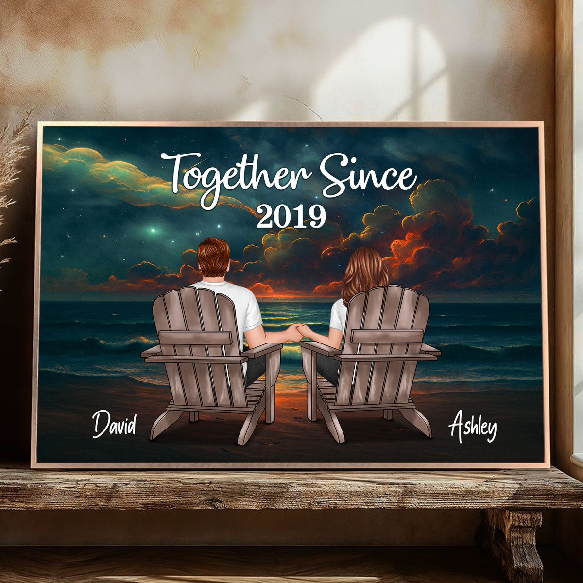 Night Beach Landscape Couple Sitting Back View Personalized Poster