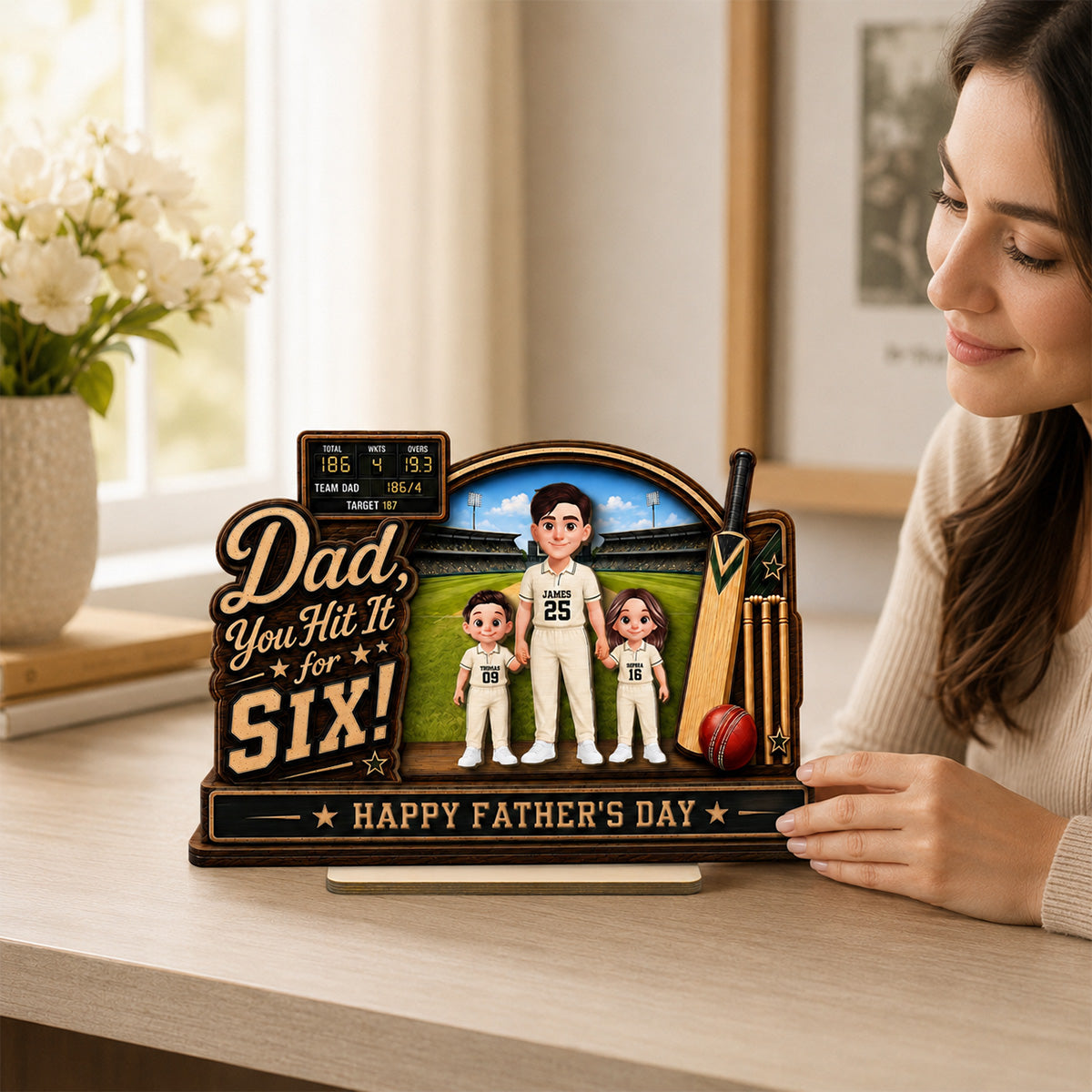 Hit A Six With The Best Dad Cricket Dad & Kids On Court - Personalised 2-Layered Wooden Plaque - Father's Day Gift For Husband, Dad