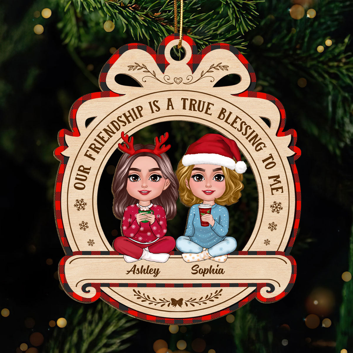 Christmas Besties Sisters Sitting Pretty Personalized Wooden Ornament