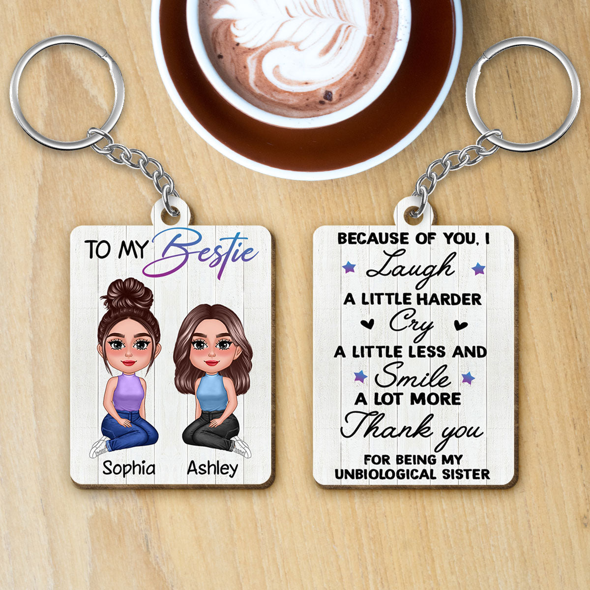 To My Bestie Pretty Doll Personalized Wooden Keychain