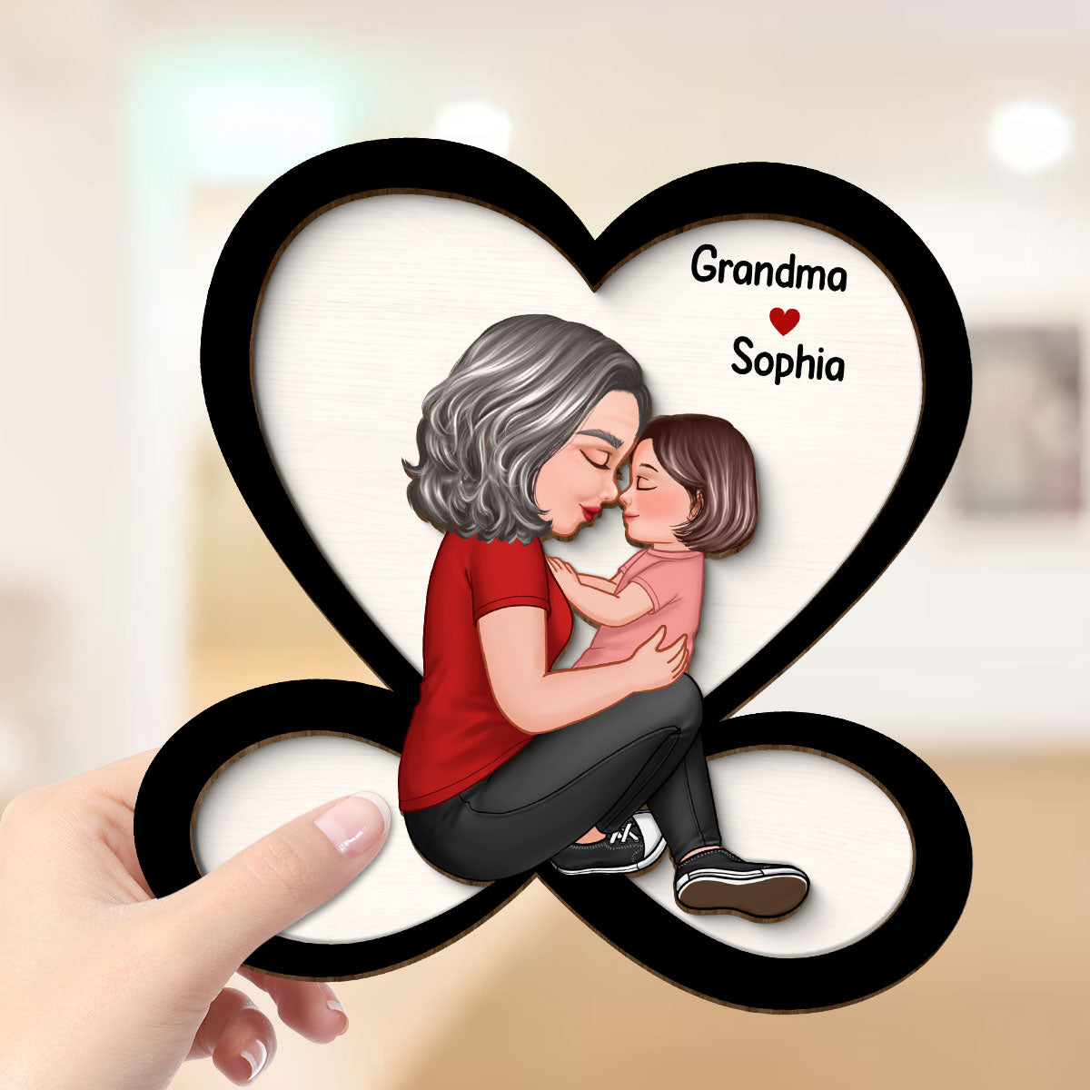 Grandma Mom Holding Kid Sitting On Heart Infinity Personalized 2-layer Wooden Plaque