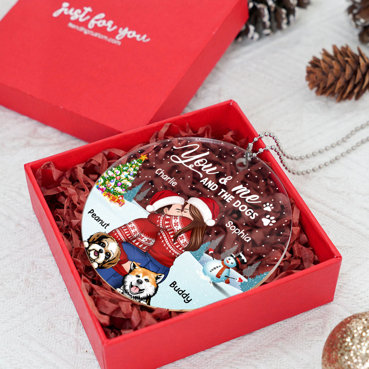 Couple And The Dogs In Winter Night Personalized Acrylic Ornament, Christmas Gift For Him, For Her, Gift For Pet Lovers