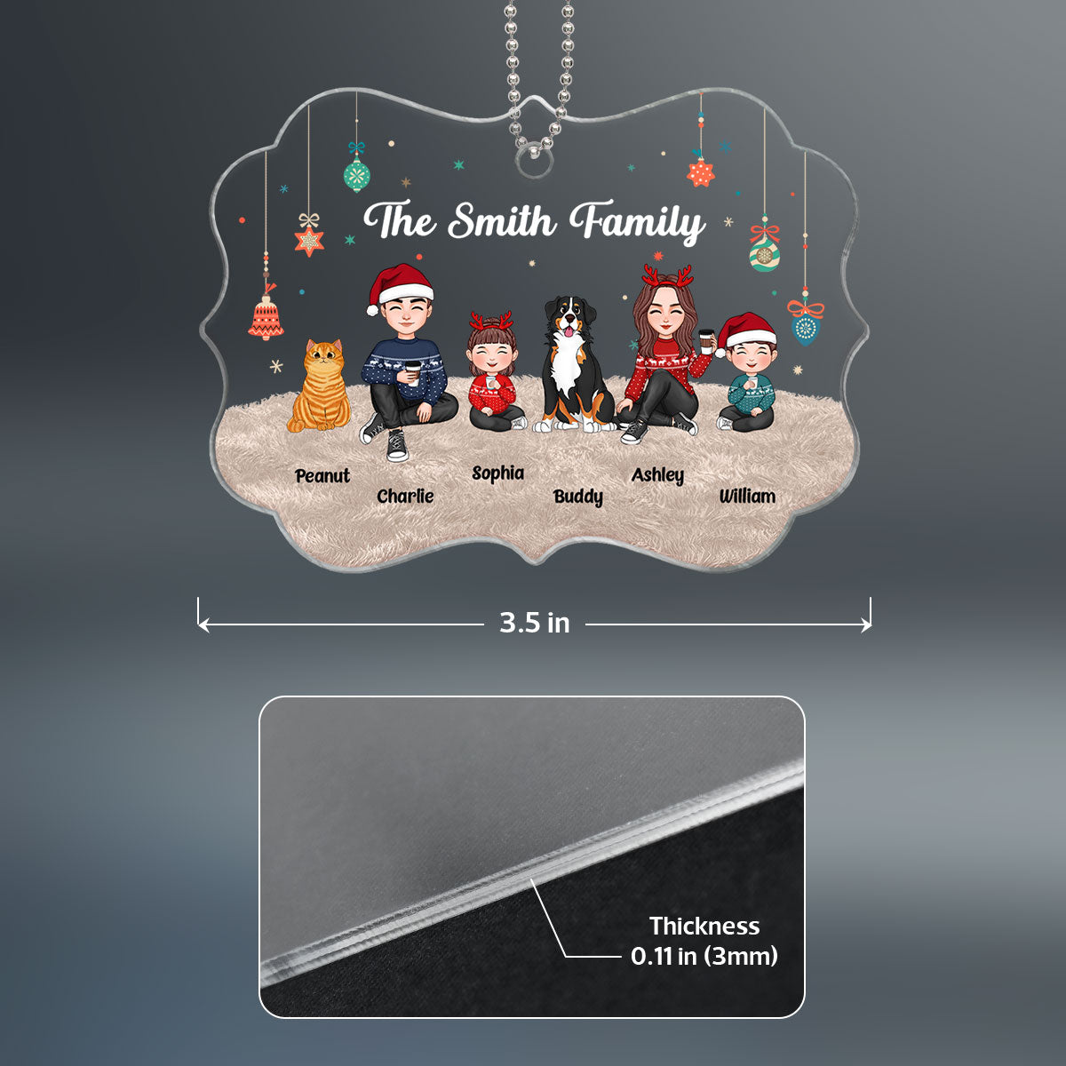 Christmas Cute Family Sitting On Carpet - Personalized Ornament