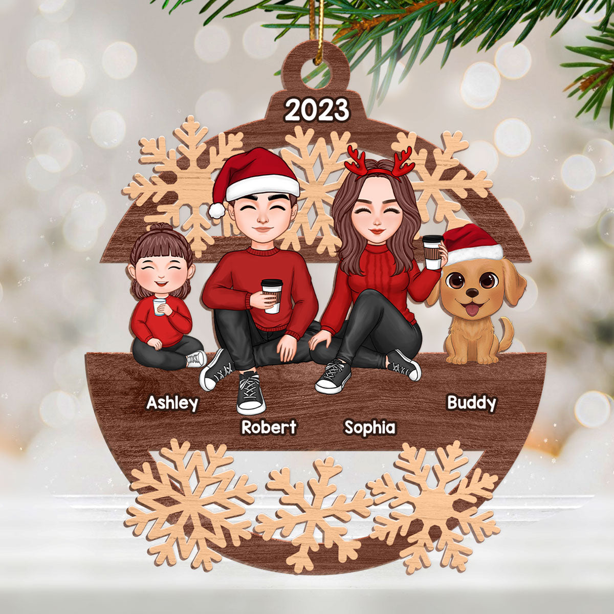 Snowflake Cute Family Sitting Personalized Wooden Ornament