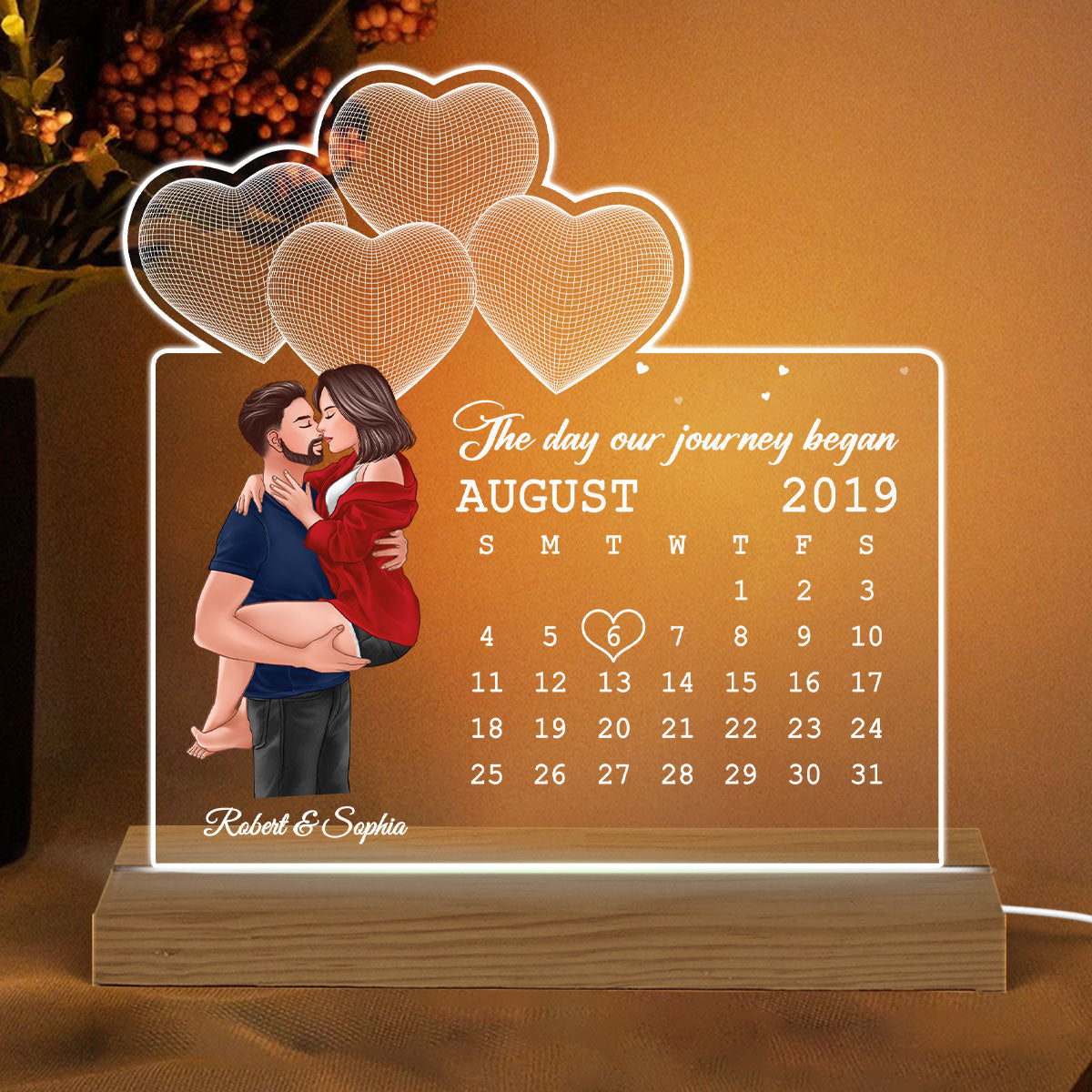 Man Holding Woman Kissing Under 3D Heart Anniversary Date Calendar Personalized Custom Shape Acrylic Plaque With LED Night Light