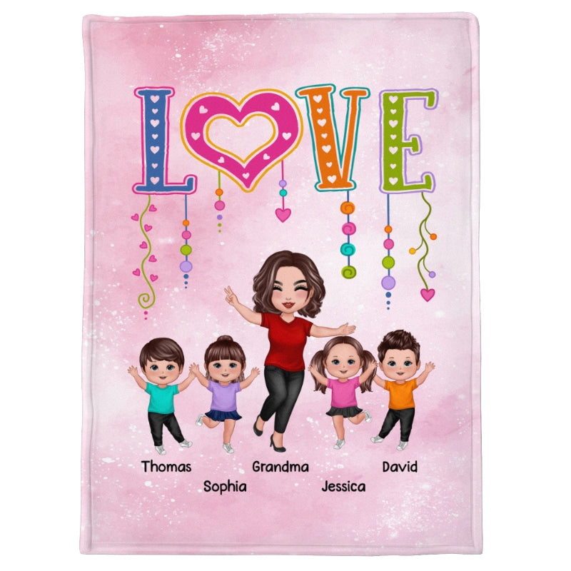 LOVE Happy Doll Grandma Mom With Kids Personalized Fleece Blanket