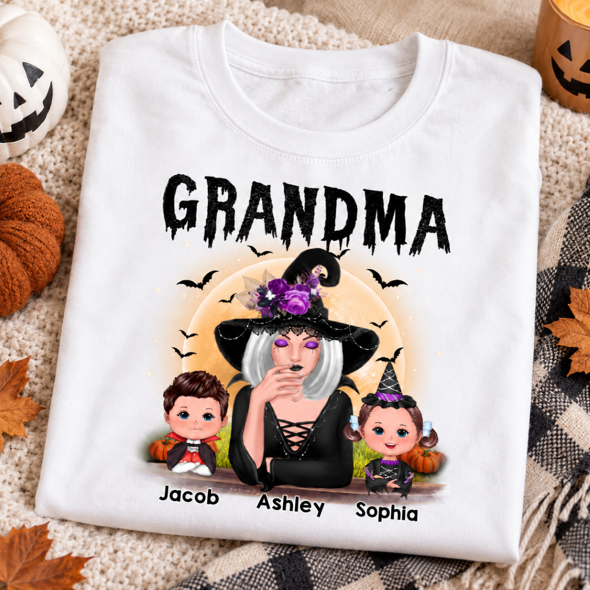 Grandma Mom Witch With GrandKids Halloween Personalized Shirt