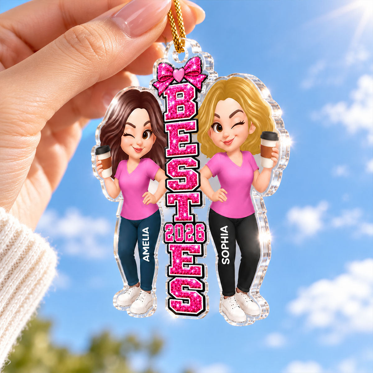 Trending Pink Besties Sisters - Personalized Acrylic Ornament - Christmas Gift For Friends, Family, Girls
