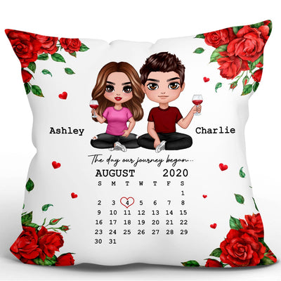 Rose Pattern Doll Couple Sitting Calendar Anniversary Date Personalized Pillow
