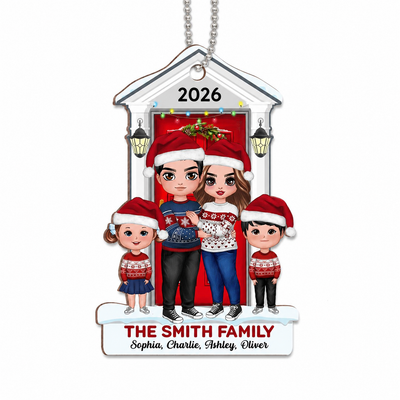 Doll Family Standing On The Front Porch Christmas Personalized Wooden Ornament