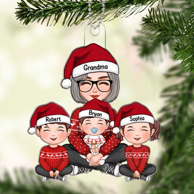 Grandma & Grandkids Cute Sitting Crossed Legs Personalized Acrylic Ornament