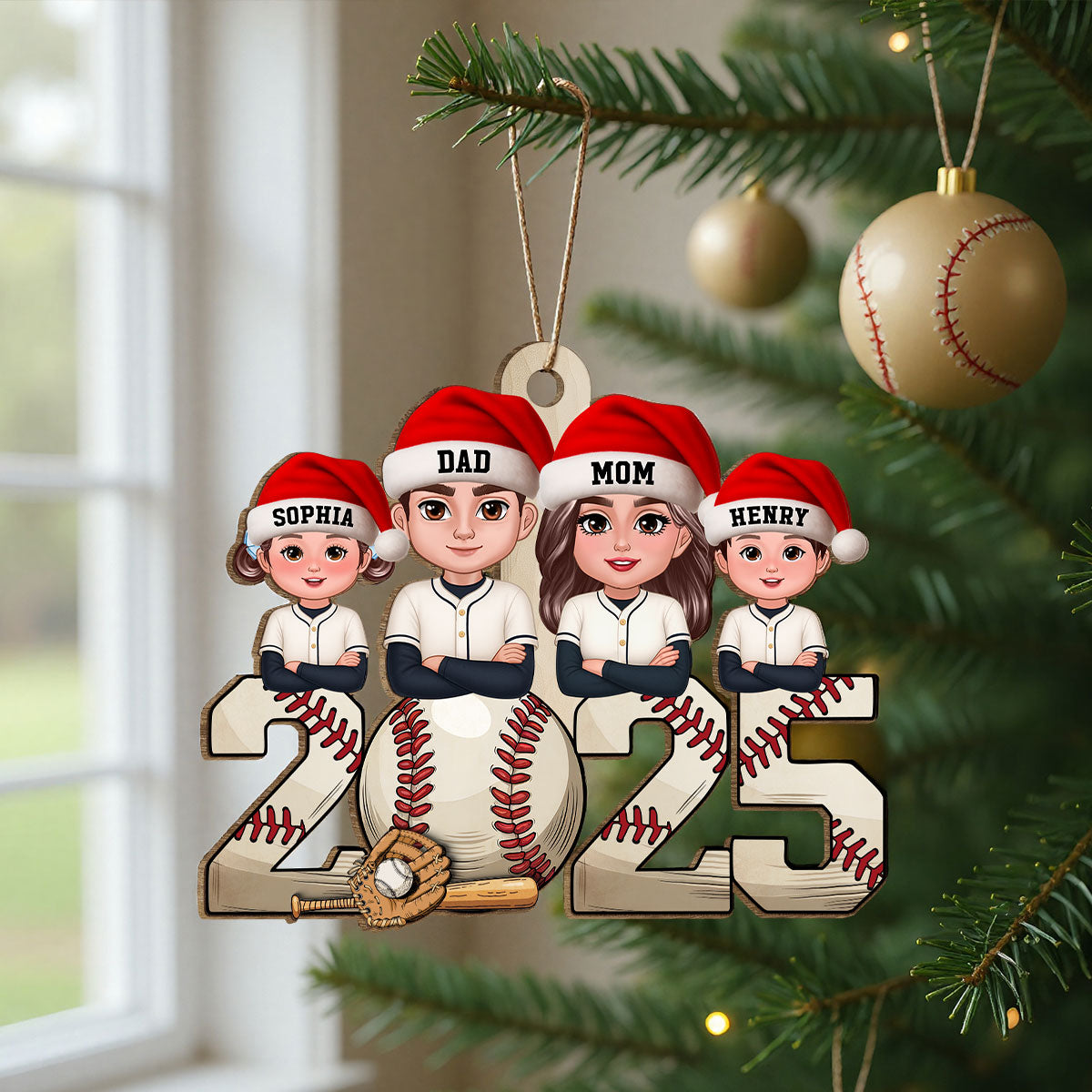 Retro Vintage Christmas Baseball Team Family - Personalized Wooden Ornament - Gift For Family
