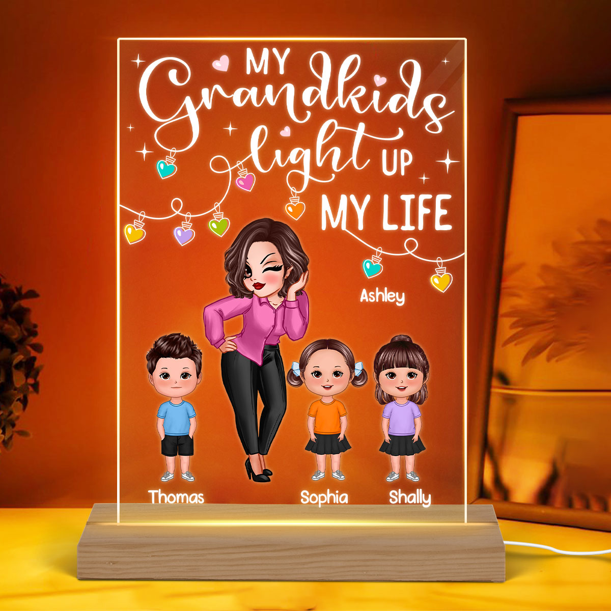 Pretty Doll Grandma Grandkids My Grandkids Light Up My Life Personalized Rectangle Acrylic Plaque LED Night Light