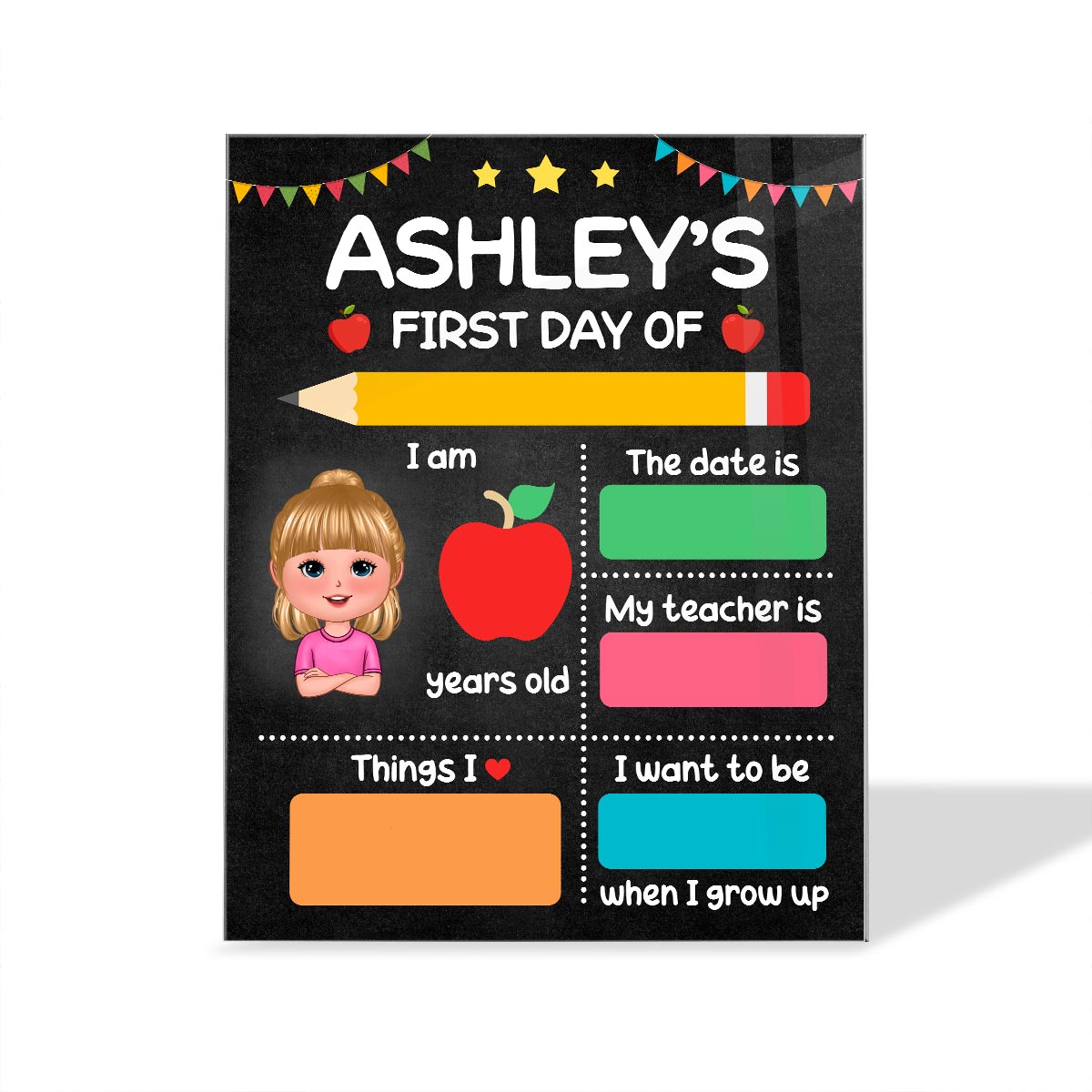 Doll Kid First Day Of School Personalized Board Sign, Editable, Reusable Back To School Sign