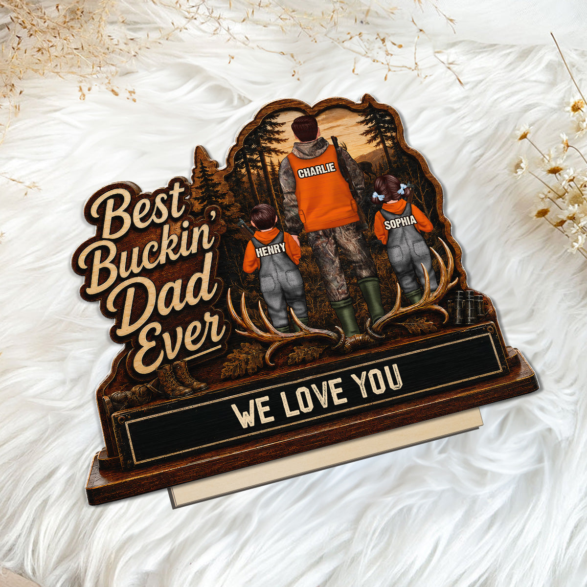 Best Buckin' Dad Papa Ever Hunting Man & Kids 2D Flat - Personalized 2-Layered Wooden Plaque - Father's Day Gift For Hunting Dad, Grandpa
