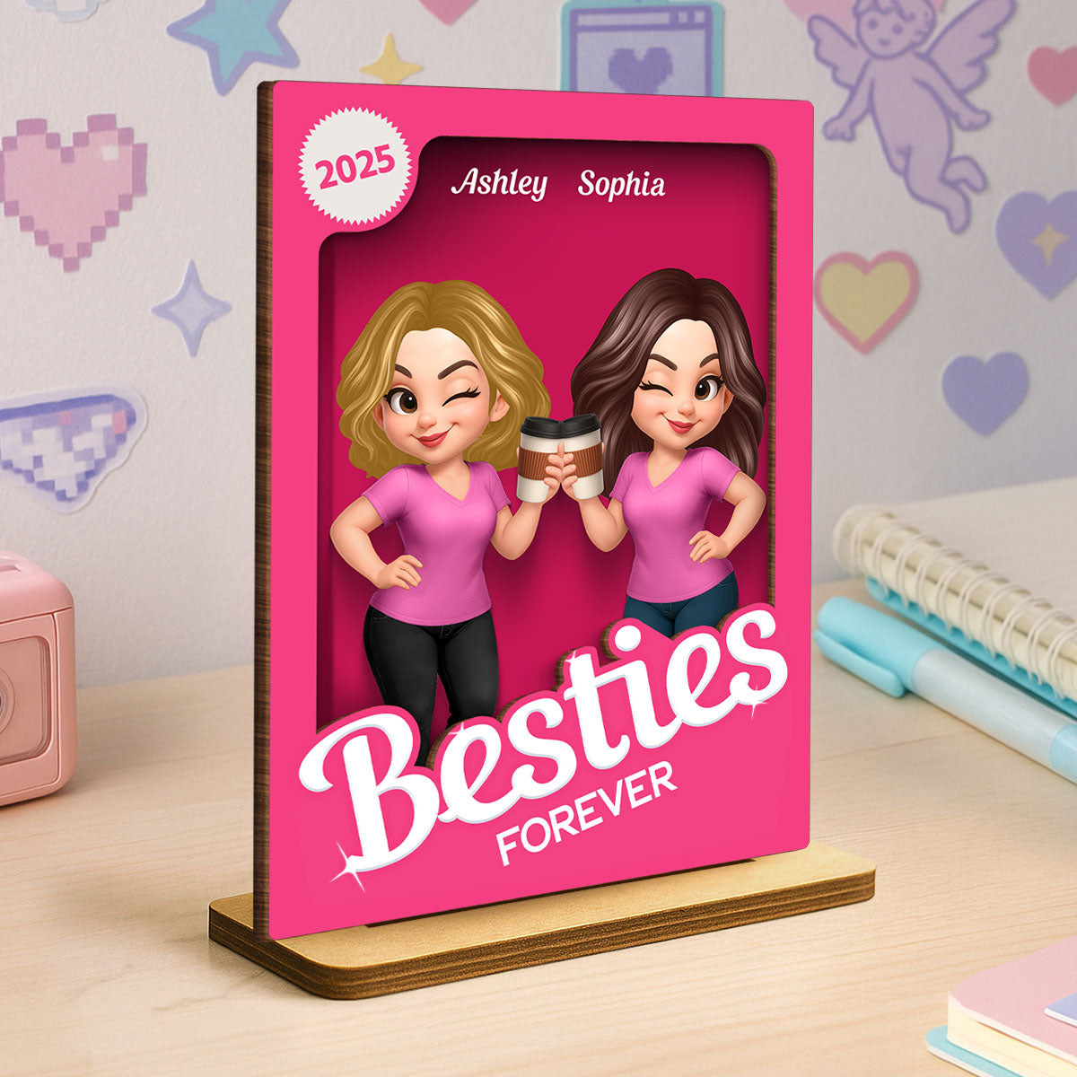 Besties Partner In Crime Pink 3D Effect Action Figure Personalized 2-Layer Standing Wooden Plaque