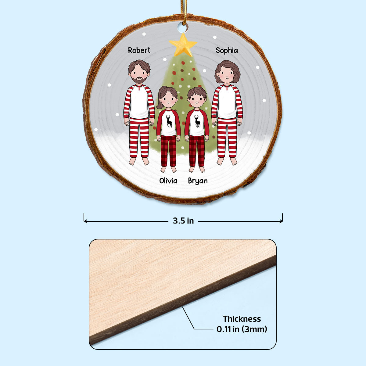 Simple Cartoon Whole Family By Christmas Tree In Snow Wood Slice Personalized Wooden Ornament