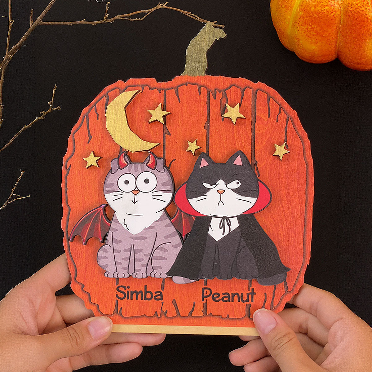 Halloween Funny Cats Pumpkin Shaped Personalized 2-Layer Standing Wooden Plaque, Spooky Halloween Tabletop, Tiered Tray, Shelf Sitter Decoration
