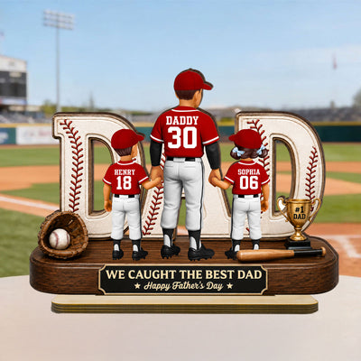 No 1 Baseball Dad Legend We Caught The Best Dad - Personalized 2-Layered Wooden Plaque - Father's Day Gift For Dad, Husband