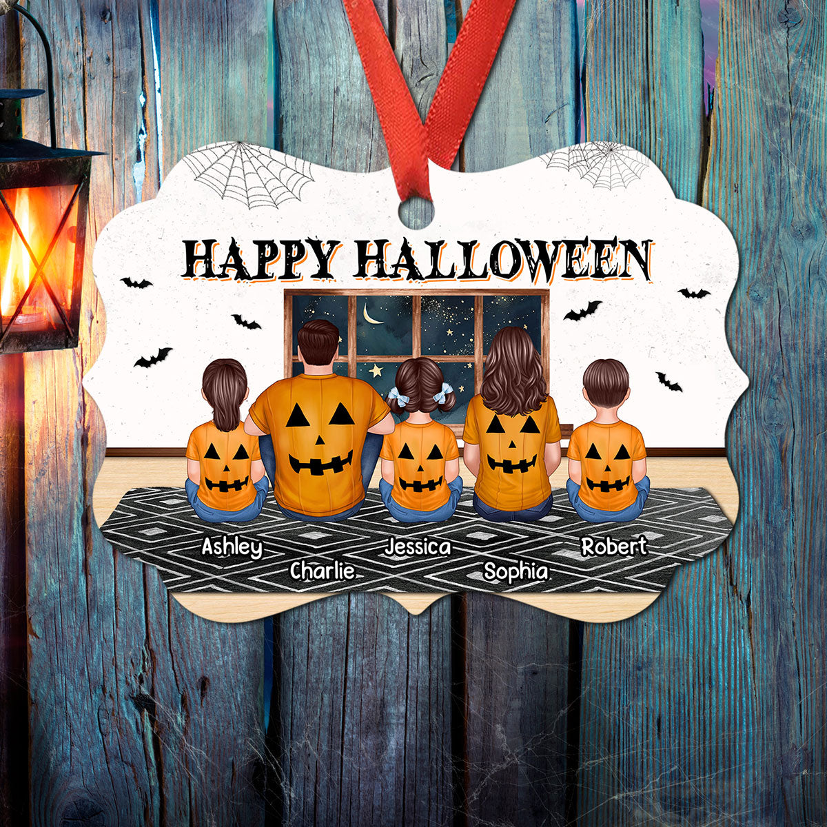 Family In Halloween Back View Sitting Couple Kid Dog Cat Personalized Ornament