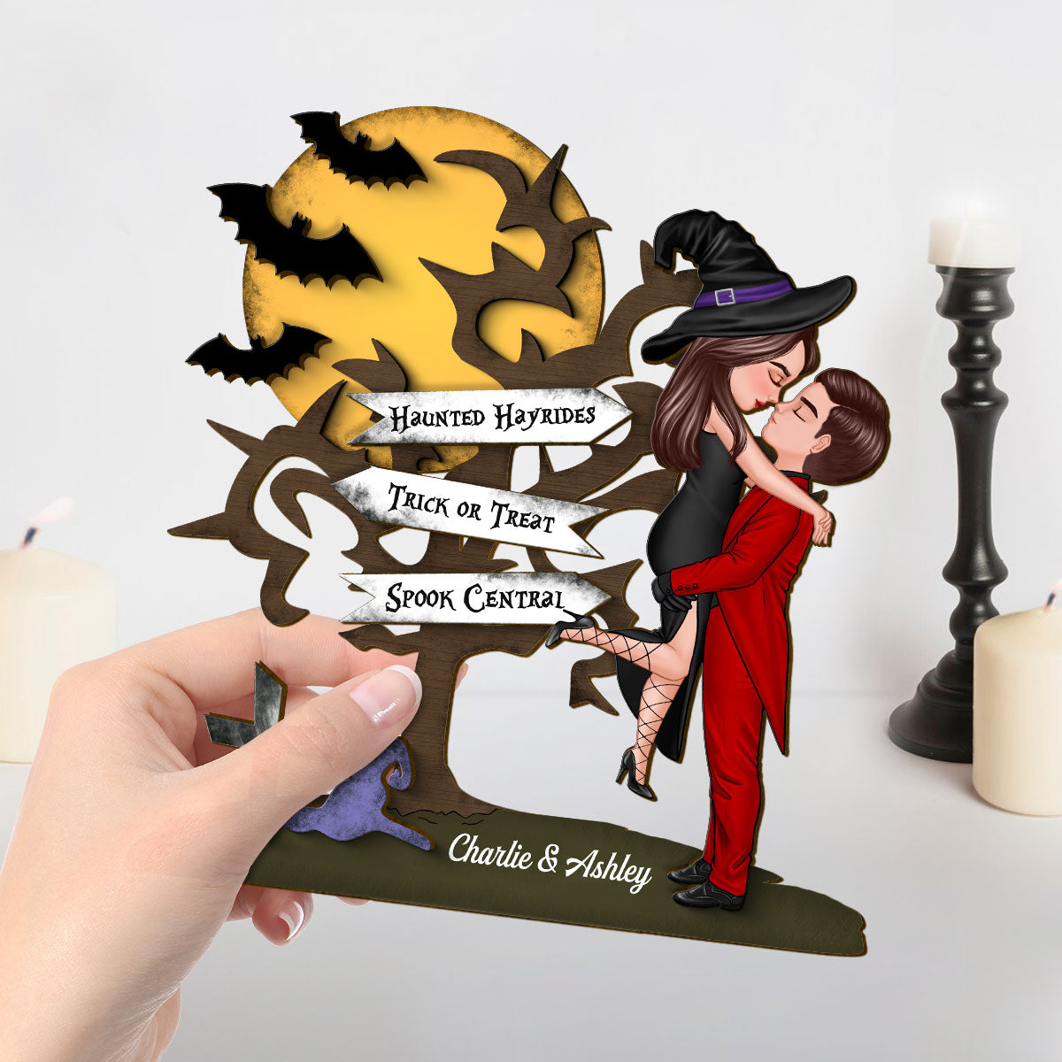 Halloween Couple Kissing Sign Personalized 2-Layer Standing Wooden Plaque