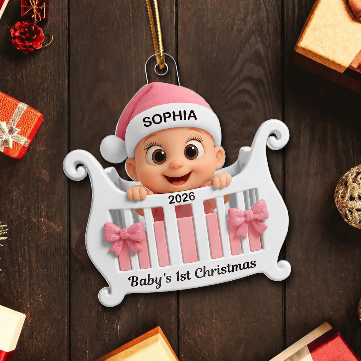 3D Effect Cute Cartoon Baby In Crib Baby's 1st Christmas Personalized Acrylic Flat Ornament