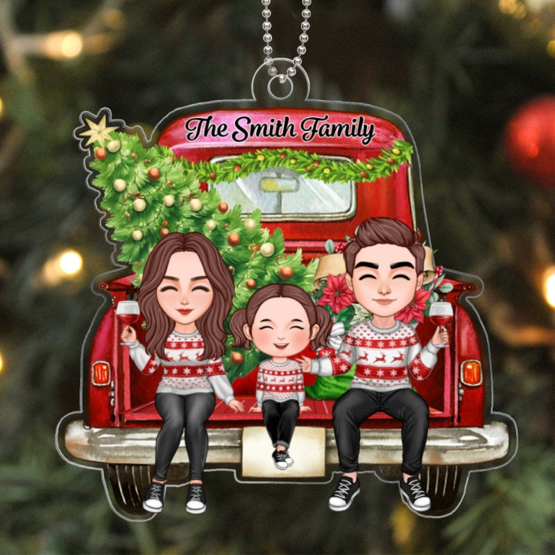 Cute Family Couple Dad Mom Kids On Christmas Truck Personalized Acrylic Ornament