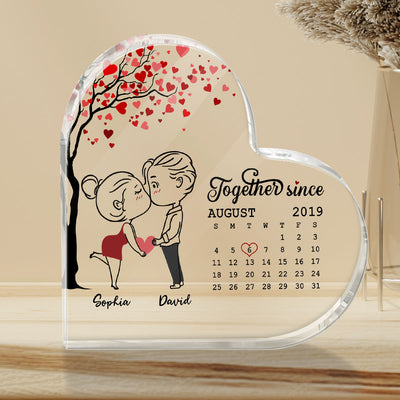 Chibi Couple Outline Calendar Personalized Acrylic Heart Plaque