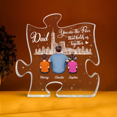Dad You Are The Piece That Holds Us Together Back View Man Sitting With Kids Dogs Cats Personalized Puzzle Acrylic Block Plaque