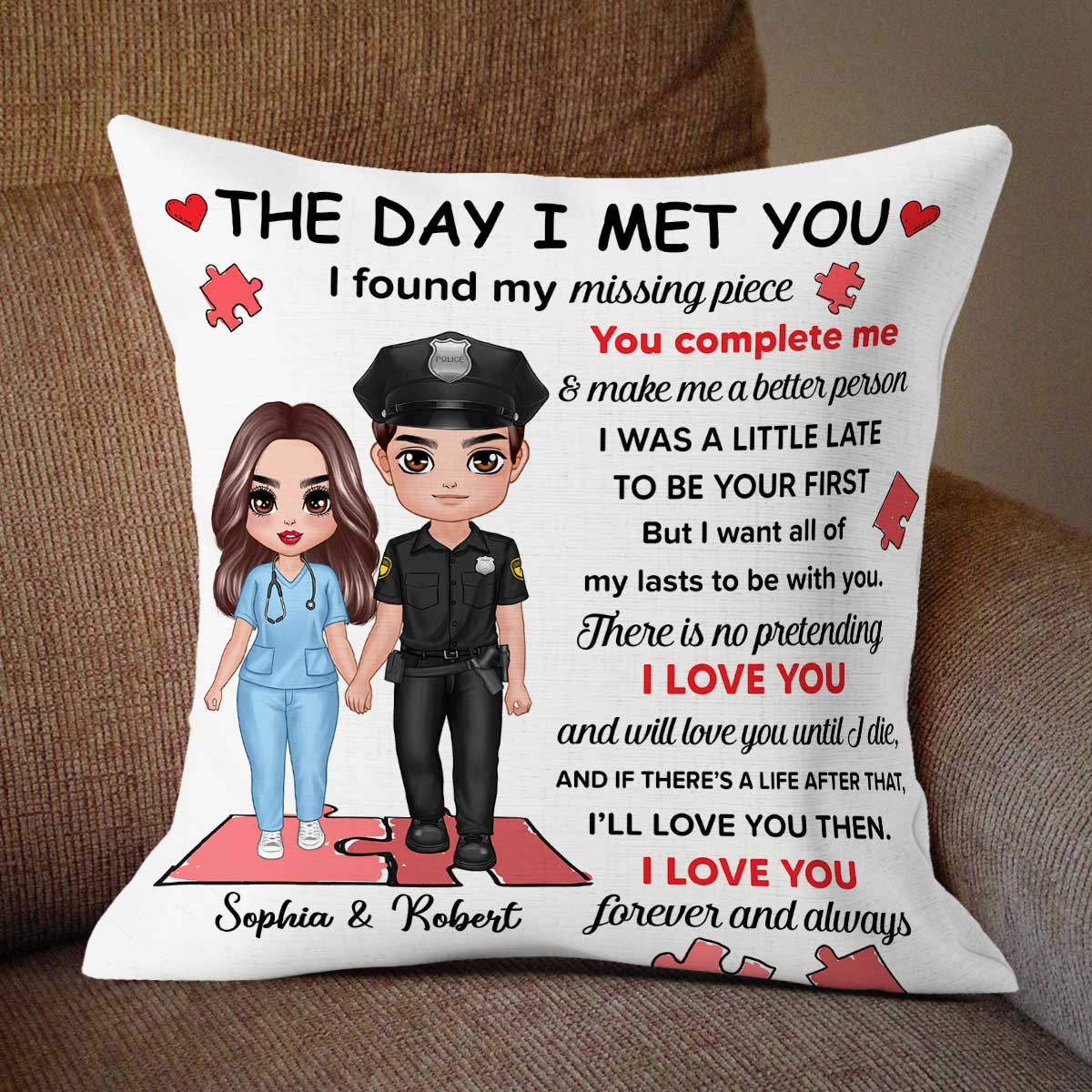 Found My Missing Piece Couple Standing Gifts by Occupation Gift For Her Gift For Him Firefighter, Nurse, Police Officer Personalized Pillow