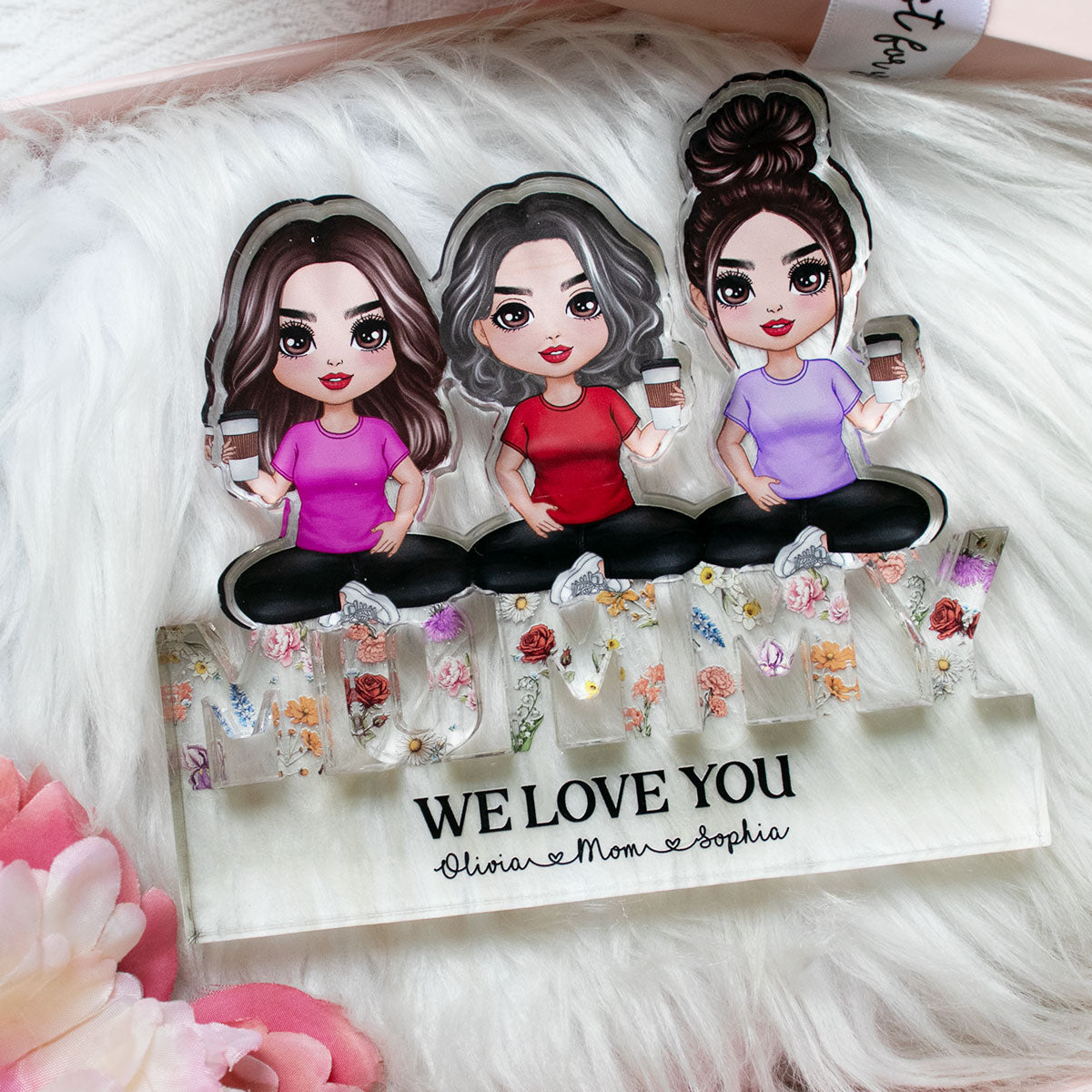 Mom And Daughters Sitting On Word Vintage Flowers Personalized Acrylic Block Plaque