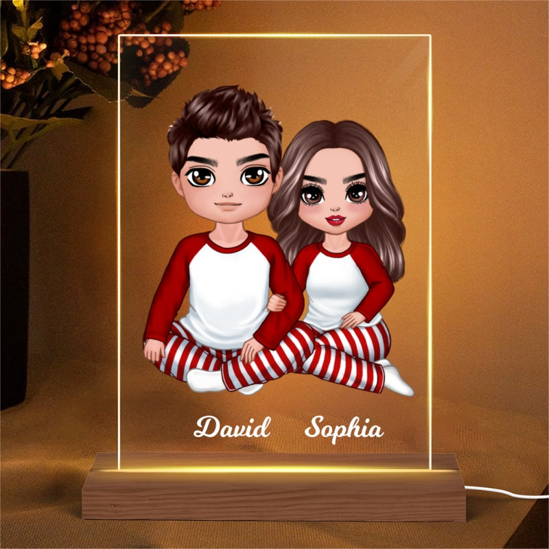 Christmas Doll Couple Sitting Hugging Personalized Acrylic LED Night Light