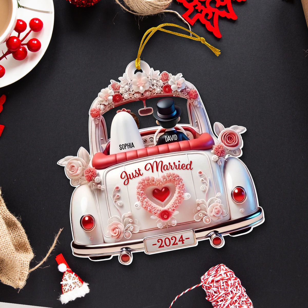 First Christmas Married Couple In Wedding Car Personalized Acrylic Ornament, Unique Christmas Gift For Newlyweds