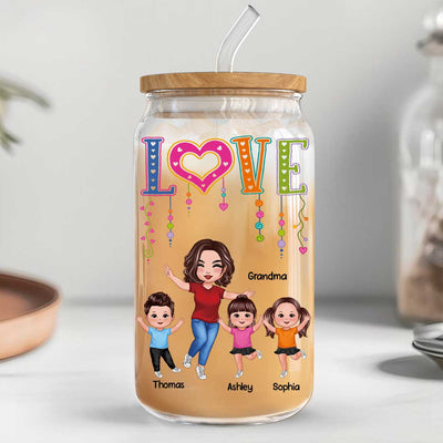 LOVE Happy Doll Grandma With Kids Personalized Clear Glass Can