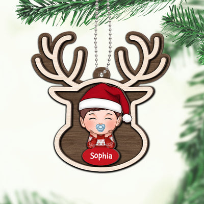 Reindeer Baby Christmas Personalized 2-Layer Wooden Ornament