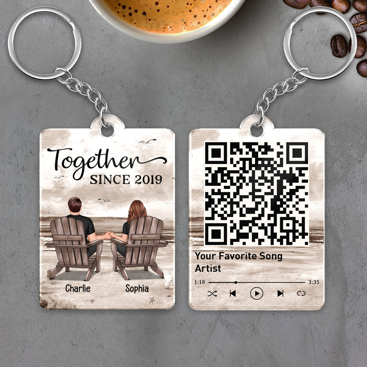 Retro Vintage Back View Couple Sitting Beach Landscape Favorite Song Scannable QR Code Personalized Acrylic Keychain