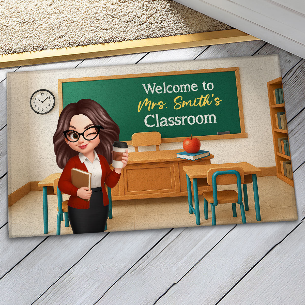 Pretty Teacher In Classroom 3D Effect Background Personalized Doormat, Back To School Decoration