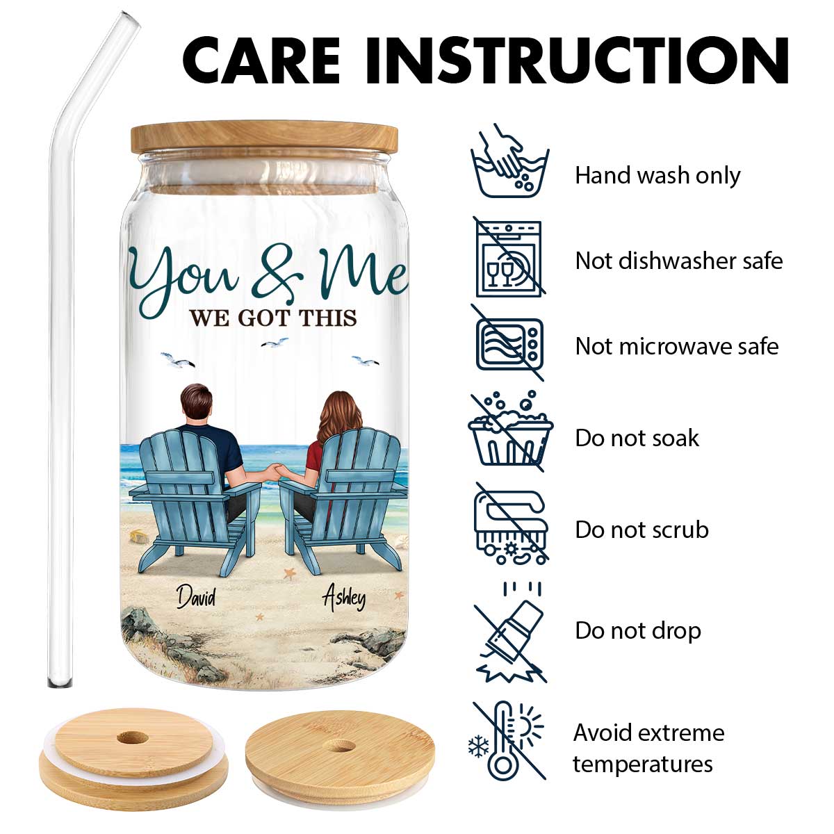 Back View Couple Sitting Beach Landscape Personalized Clear Glass Can