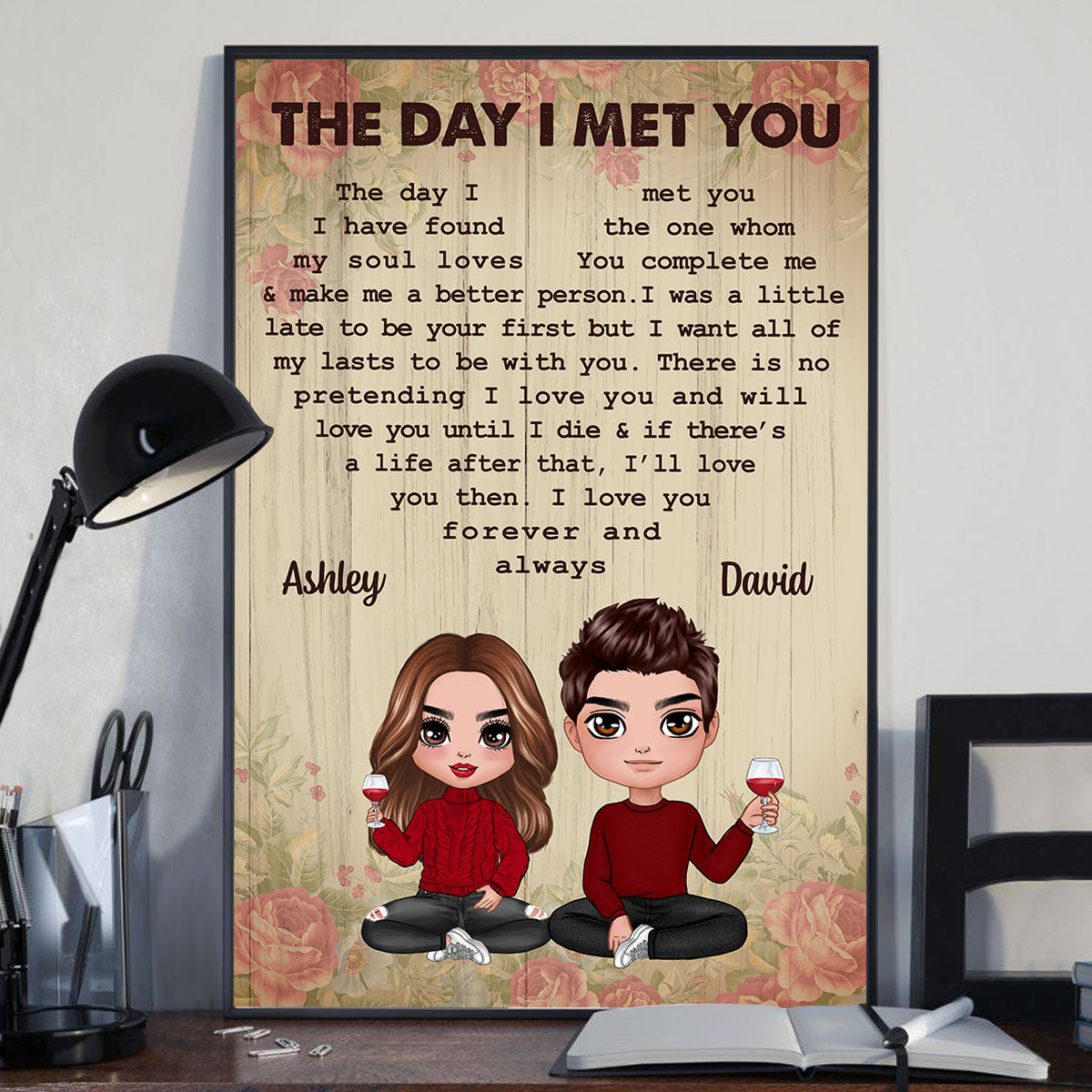 Rose Pattern Doll Couple Sitting The Day I Met You Gift For Him For Her Personalized Vertical Poster