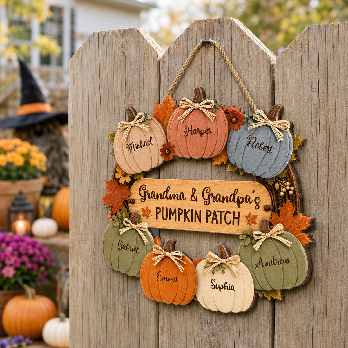 Grandma Grandpa's Pumpkin Patch 2D Flat Printed Wreath - Personalized Door Hanger - Fall Season Decor For Grandparents
