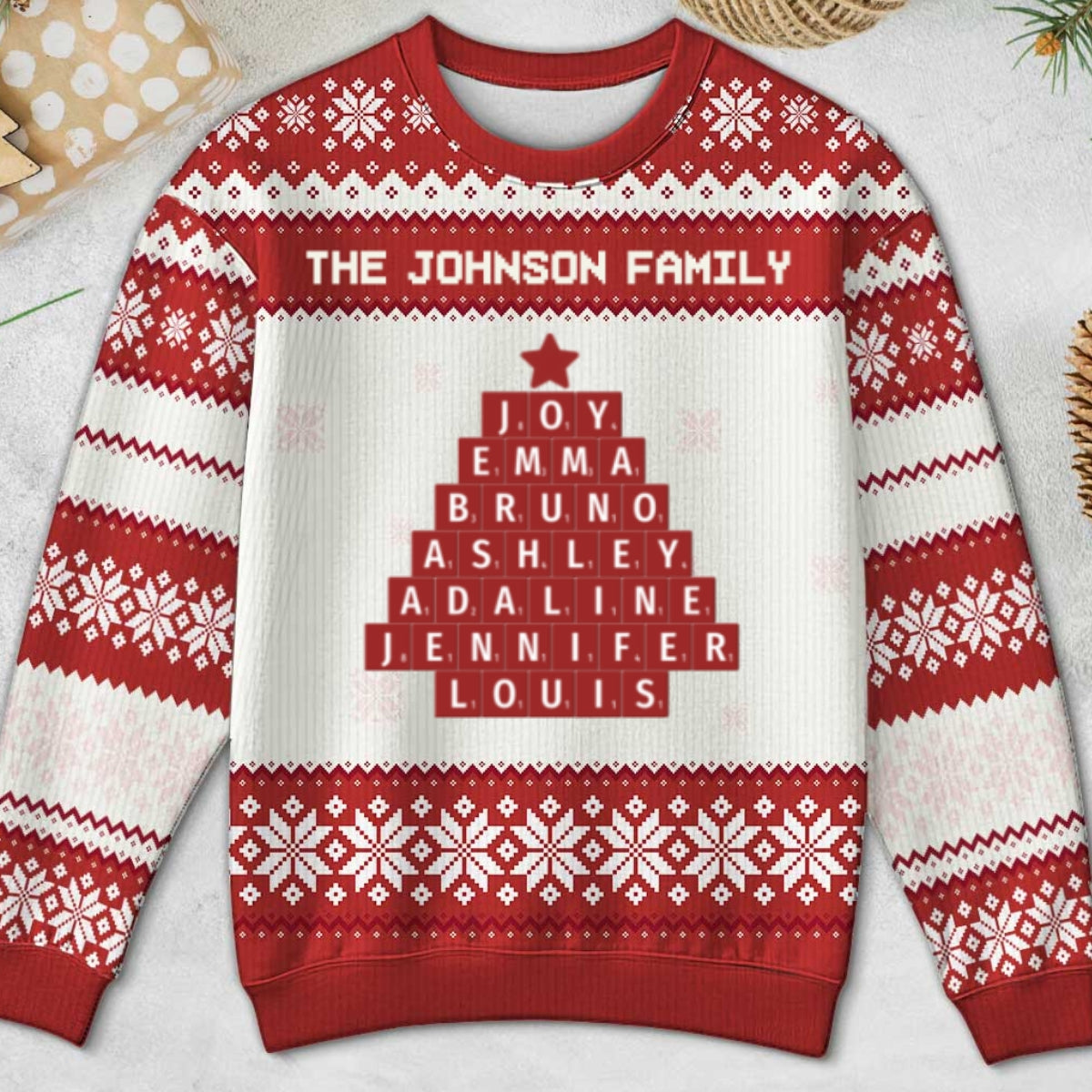 Unique Word Art Family Member Names Personalized Faux Knitting Ugly Sweater