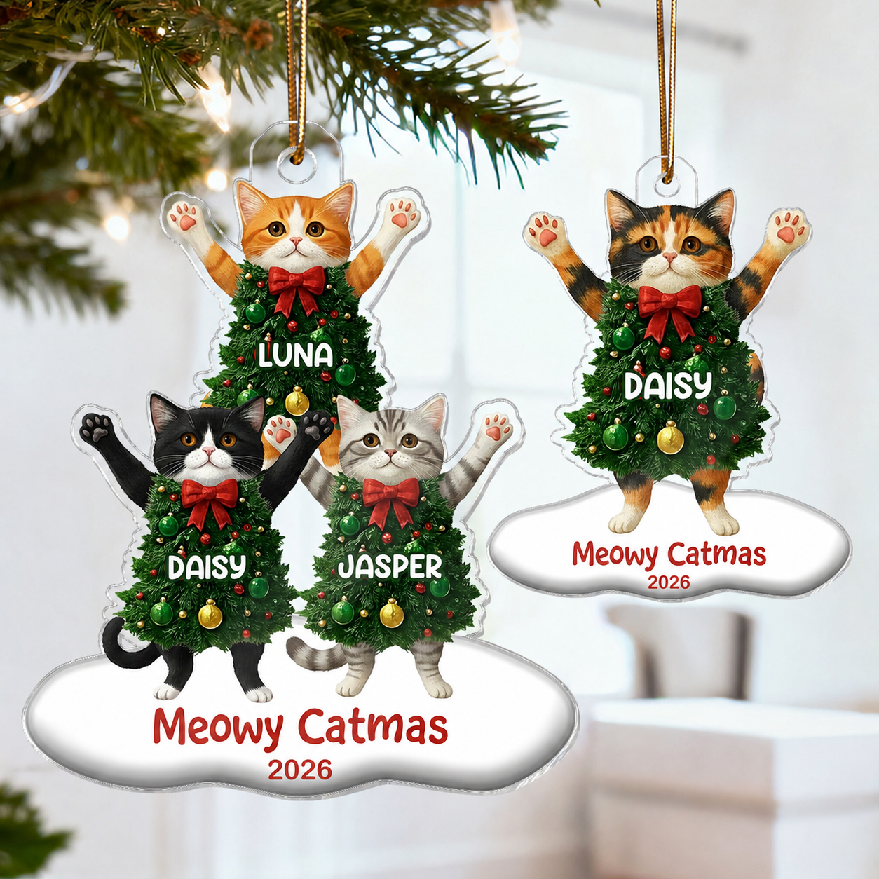 Whimsical Cat Christmas Tree - Personalized Acrylic Ornament - Gift For Cat Lover