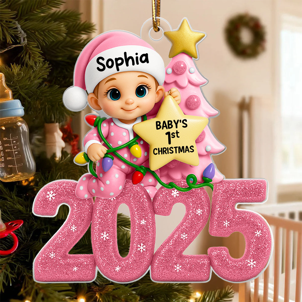 Baby Beside Christmas Tree First Christmas 2025 - Personalized Acrylic Ornament - Heartwarming Christmas Gift For New Born, Baby