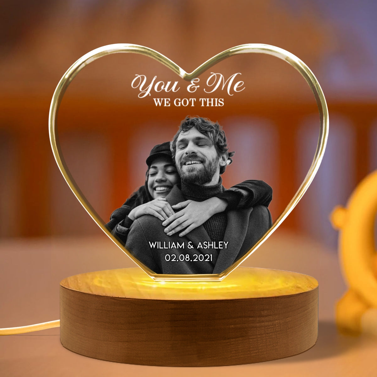 Couple 3D Upload Photo Premium Crystal Heart LED, Personalized Heart Crystal With LED Base Optional, Perfect Valentine's Gift For Couple, For Him, For Her, Free Delivery