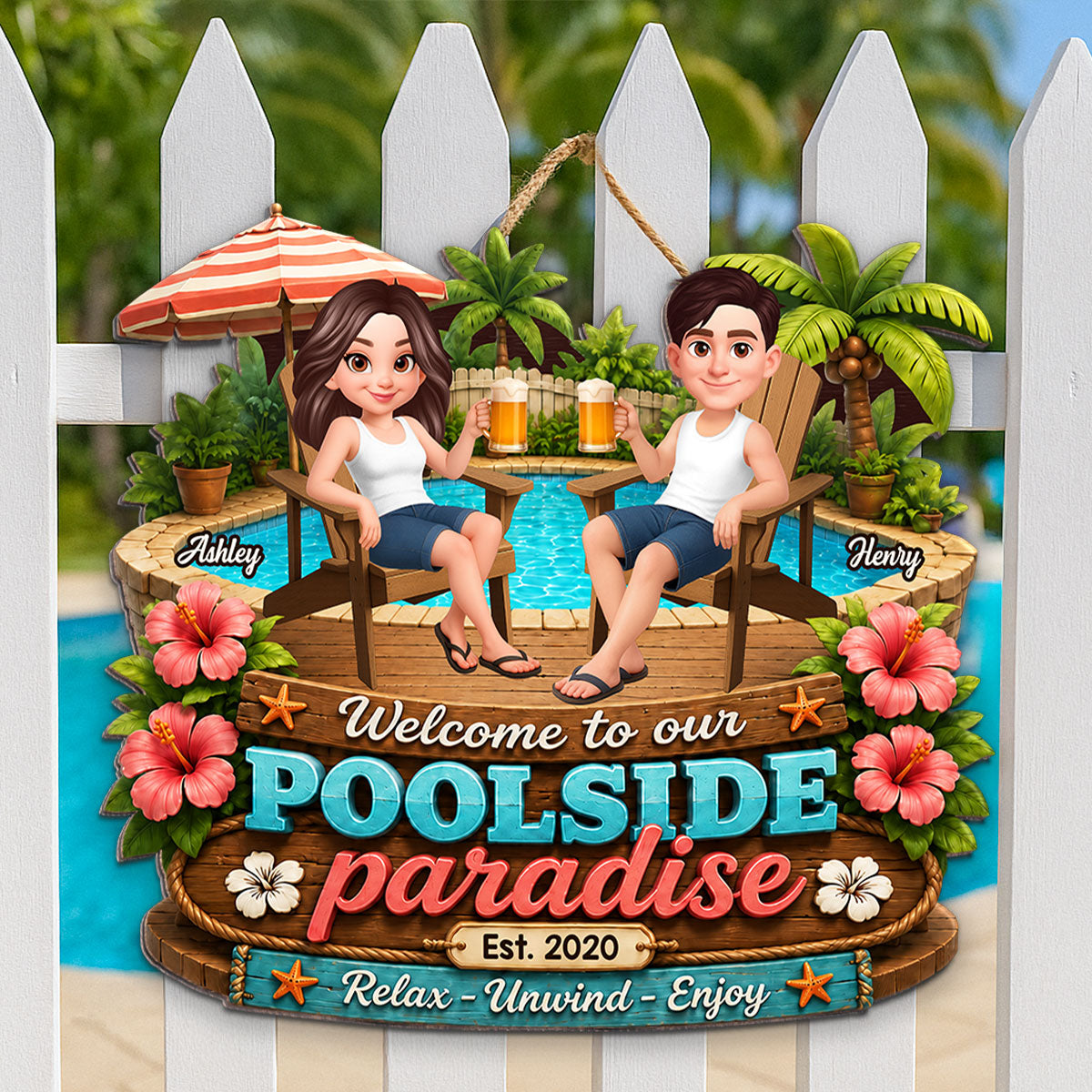 Summer Vibe Welcome To Our Poolside Paradise - Personalized Wood Sign - Gift For Couple, Summer Outdoor Porch, Patio, Bar Decoration