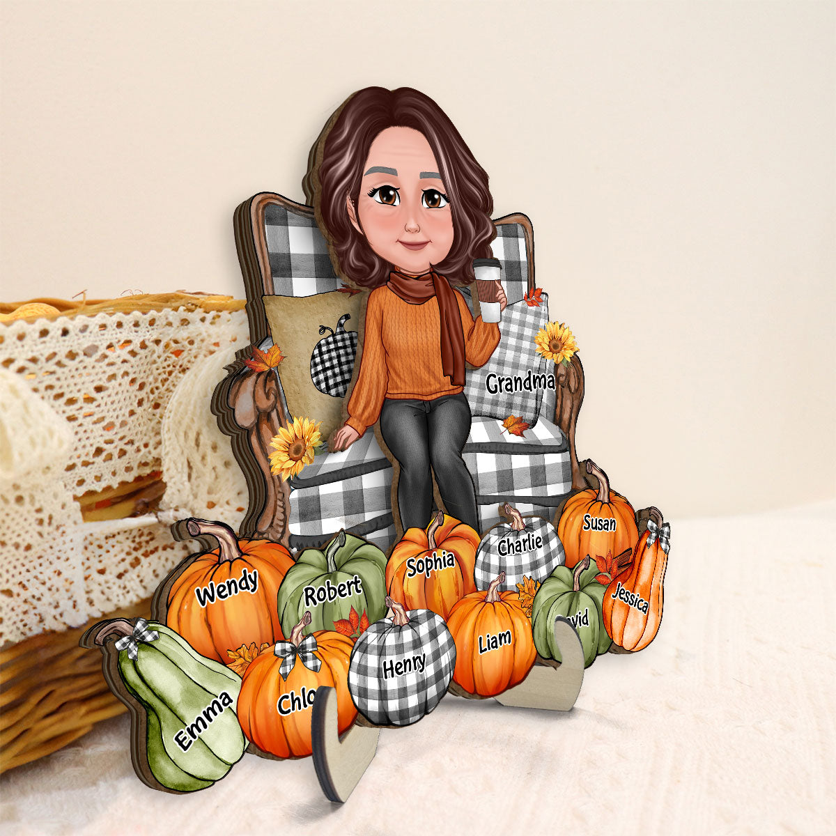 Grandma Sitting On Chair Pumpkins - Personalized 2-Layered Wooden Plaque