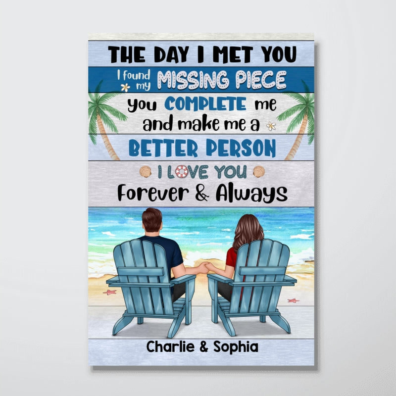 Couple Sitting Blue Pallete Beach Personalized Vertical Poster