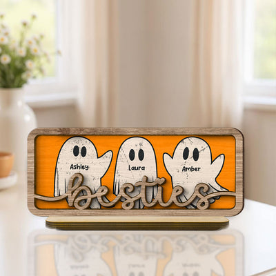 Besties Sister Best Friends Boo Crew Personalized 2-Layer Wooden Plaque, Halloween Gift