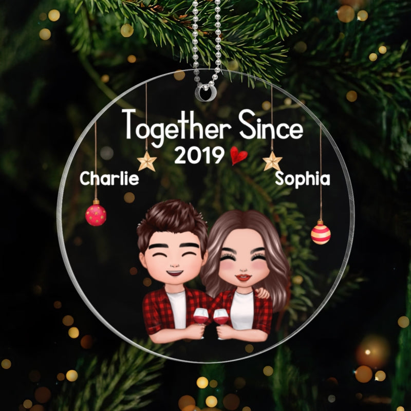 Christmas Doll Couple Hugging Holding Drinks Personalized Acrylic Ornament